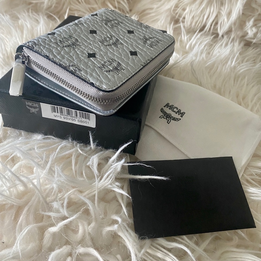 MCM Berlin Silver Visetos Small Zip Around Wallet
